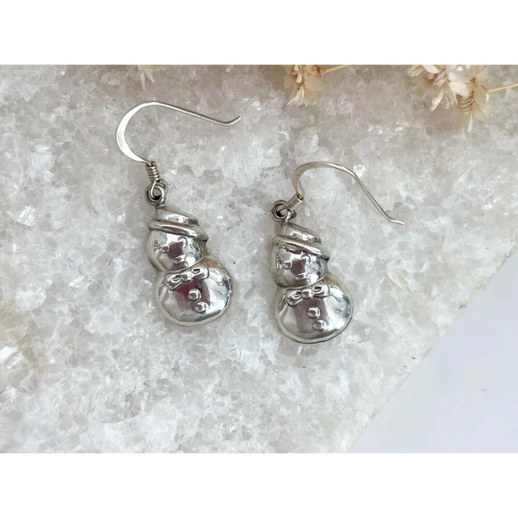 Sterling Silver Vintage Snowman 925 Stamped Thai Made Vintage Dangle Earrings - Picture 5 of 9